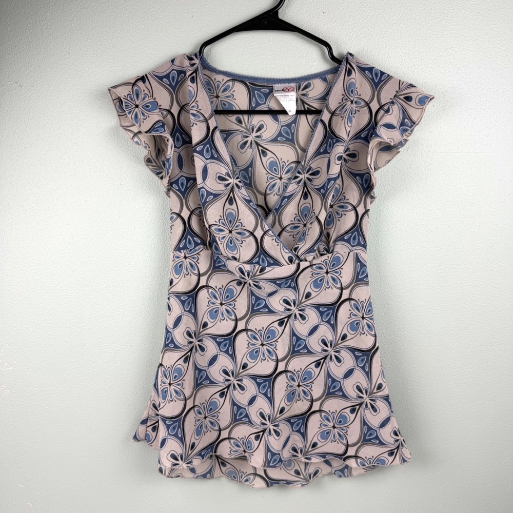 Studio Y Y2K Babydoll Blue Tan Geometric Floral Faux Wrap Flutter Sleeve Top Med